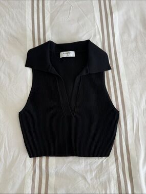 Babaton Black Ribbed Sleeveless Polo Crop Top V-Neck